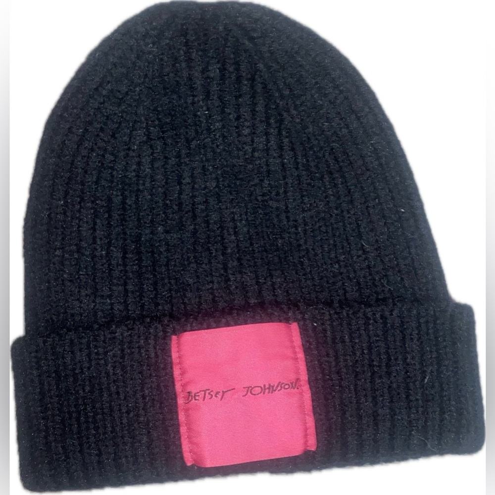Betsey Johnson Black Beanie with Pink Accent